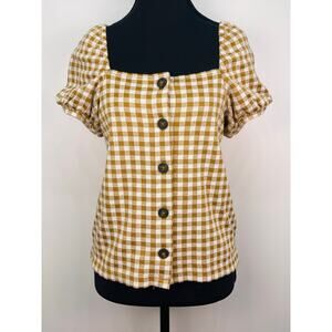 Madewell XS Brown Gingham Puff Sleeve Button Front Blouse